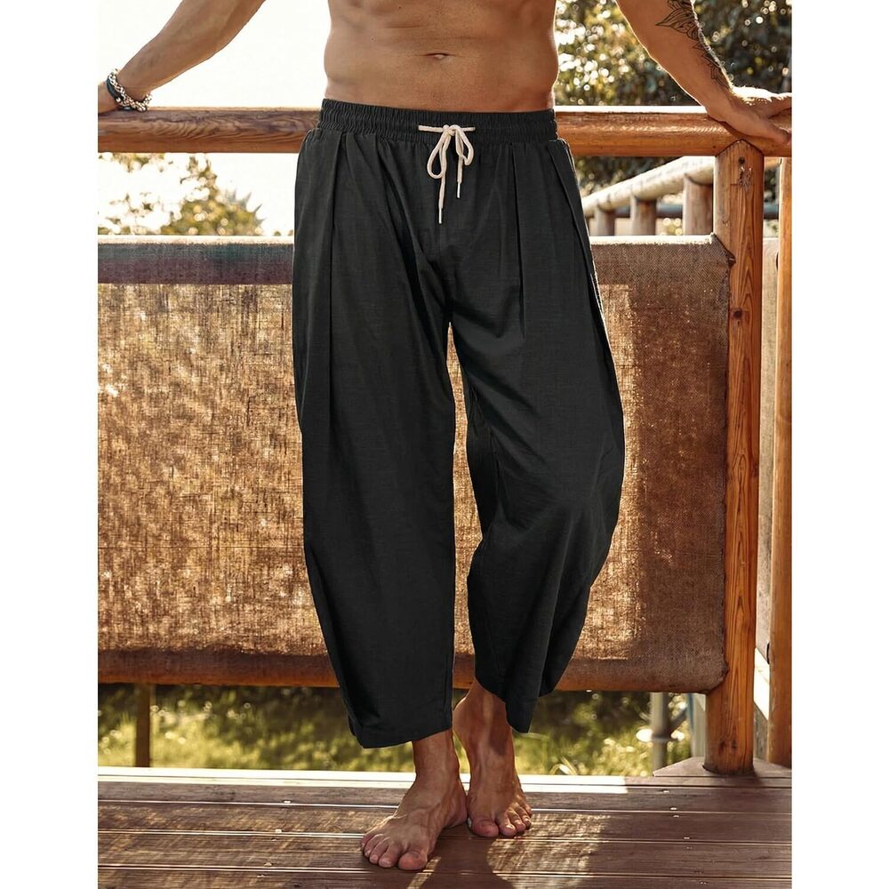 Men's Cotton Linen Harem Pants Drawstring Casual Cropped Trousers - Picture 2 of 6
